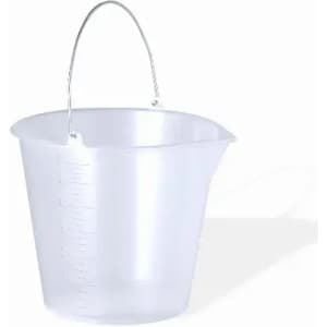 A transparent measuring bucket with a silver handle, featuring measurement markings on the side.
