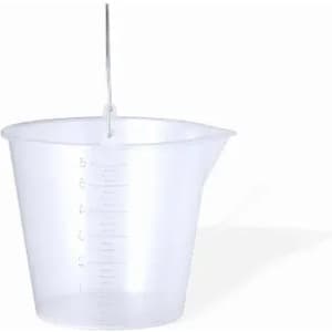 A clear measuring cup with a spout and a handle, featuring measurement markings on the side.