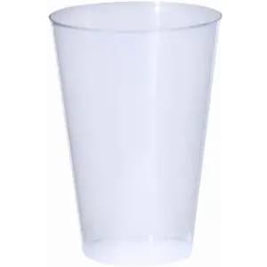 A drink bottle with a clear, sleek design and a slightly tapered shape, featuring a branding logo.