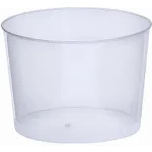 A clear, round plastic container with smooth sides and a flat base.