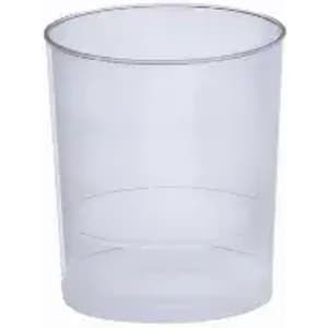 A transparent plastic cup with a simple design. It has a smooth surface and a round shape.