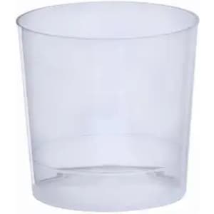 A clear plastic cup with a simple design and no handles, featuring a smooth surface.