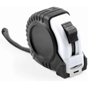 A tape measure in black and white with a rubber grip and a retractable feature. It has a branding logo.