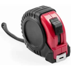 A tape measure with a black and red casing, featuring a sturdy design and a retractable measuring tape.