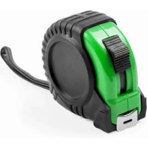 A measuring tape featuring a black casing with green accents and a locking mechanism. It has a sturdy design for durability.