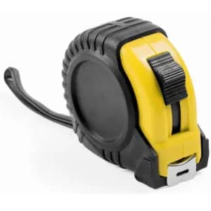 A measuring tape in black and yellow, featuring a retractable design and a stable base.