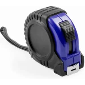 A measuring tape with a black and blue casing and a lock mechanism. It features a durable design for utility use.