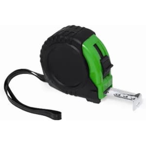 A tape measure in black and green with a retractable metal tape and a carrying strap.