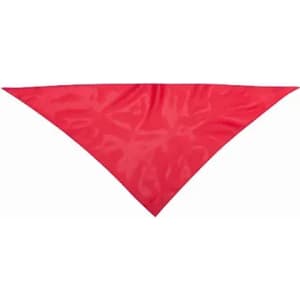 A red triangular fabric bandana with a smooth texture, featuring a logo in one corner.