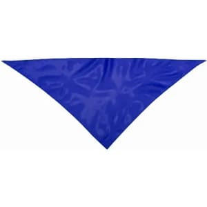 A blue triangular fabric piece, featuring a shiny texture, with a branding logo on one side.