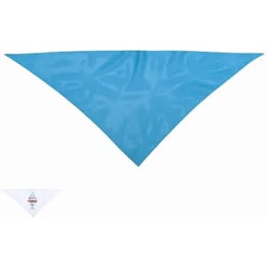 A blue triangular bandana with a small white logo in one corner. The material appears shiny.