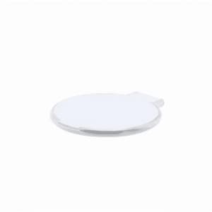 A round white drink bottle lid with a small tab, featuring a simple design and a smooth surface.