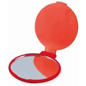 A compact mirror with a bright red exterior and a circular shape, featuring a reflective surface inside.