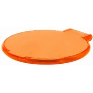 An orange drink bottle lid with a curved shape, featuring a small tab for easy removal.