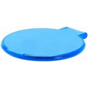 A blue circular lid with a small tab, featuring a simple design and a smooth surface.