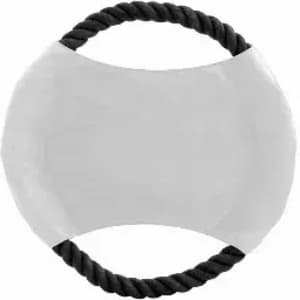 A grey promotional product with a black rope handle and a smooth surface, featuring a logo.