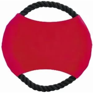 A red exercise wheel with a black rope handle. The product features a simple, ergonomic design.