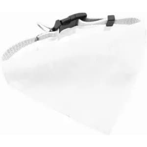 A pet bandana in white with a grey adjustable strap and clip, featuring a triangular design.
