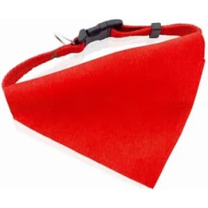 A red bandana with a clip, featuring a triangular shape and a sturdy fastening.