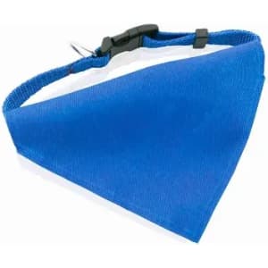 A blue bandana with a clip, featuring a triangular shape and a lined interior. It has a brand logo.