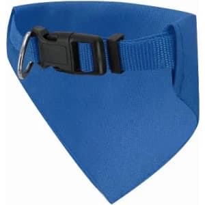 A blue dog bandana with a black buckle and D-ring for attachment. It features a simple, practical design.