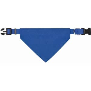A blue pet bandana featuring a buckle and adjustable strap. It has a simple triangular design.