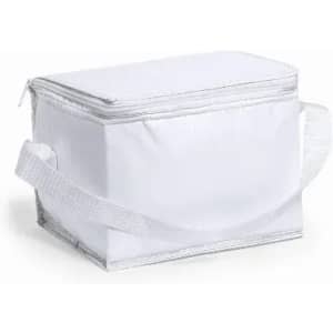 A drink cooler bag in white with a zip closure and a detachable strap for easy carrying.