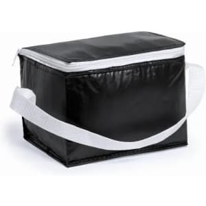 A square black cooler bag with a white zipper and a detachable white shoulder strap. It has a simple design.