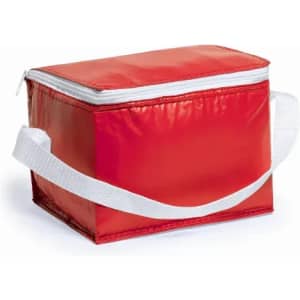A red insulated cooler bag with a white zipper and a white shoulder strap.