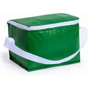 A green insulated cooler bag with a white zipper and a white shoulder strap.