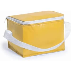 A yellow insulated cooler bag with a white zip and handle for easy carrying.