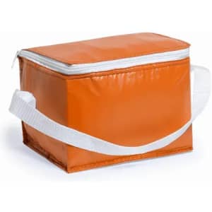 An orange insulated bag with a white zipper and a white shoulder strap. It has a rectangular shape.
