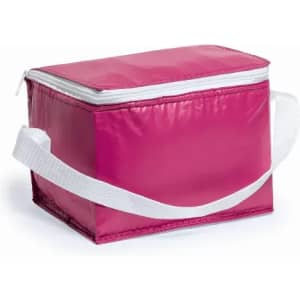 A pink insulated cooler bag with a white zipper and a detachable strap. It has a rectangular shape.