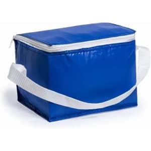 A blue insulated cooler bag with a white zipper and strap, designed for holding beverages or food items.