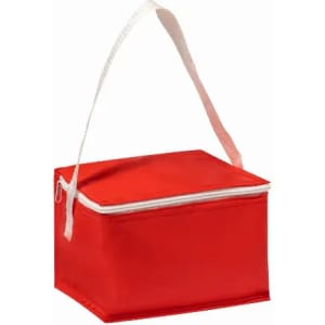 A red insulated cooler bag with a zip closure and a shoulder strap. It has a rectangular shape and a glossy finish.