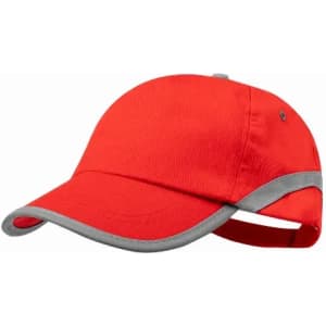 A red cap with grey accents featuring a curved brim and an adjustable strap at the back.