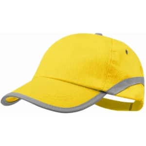 A yellow cap with grey accents, featuring a curved brim and adjustable strap. It also has a logo.