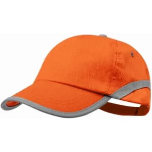 An orange cap with grey trim and a curved brim, featuring an adjustable strap at the back.