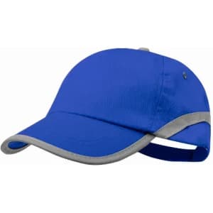 A blue cap with a grey brim and strap, featuring a logo on the side.