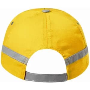 A yellow cap featuring reflective strips, designed for visibility and safety, with an adjustable back.