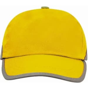 A yellow cap with grey accents and a curved brim. The cap has a logo on the front.