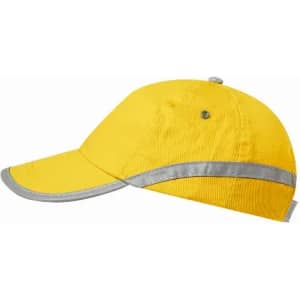 A yellow cap with a silver reflective band along the brim and a grey accent. It features a logo on the side.