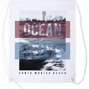 A drawstring bag featuring a white background with a graphic print of ocean waves and buildings, labelled "Ocean Drive" and "Santa Monica Beach."