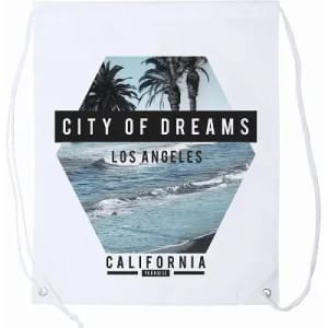 A drawstring bag featuring a beach scene with palm trees and a hexagonal design, predominately white.