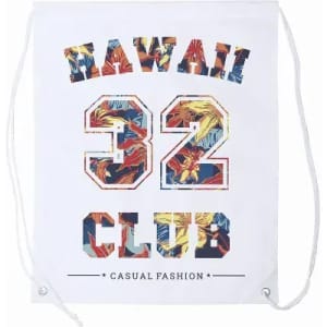 A drawstring bag featuring a white background with a colourful "Hawaii Club 32 Casual Fashion" design.