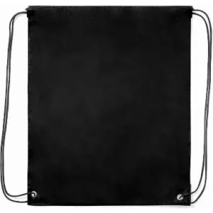 A drawstring backpack in solid black, featuring adjustable cords and a simple design.