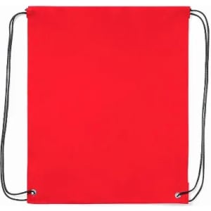 A red drawstring bag with black cords and eyelets for easy closure. Simple and functional design.