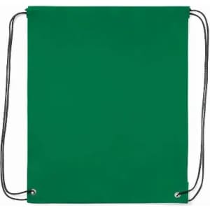 A green drawstring bag with silver eyelets and black cords for closure. Simple and versatile design.