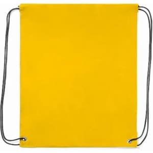 A drawstring backpack in bright yellow with black cords and metal eyelets. It has a simple, plain design.