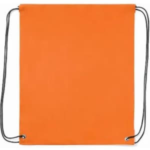 A drawstring bag in bright orange with black cords for easy carrying. Features eyelets for durability.